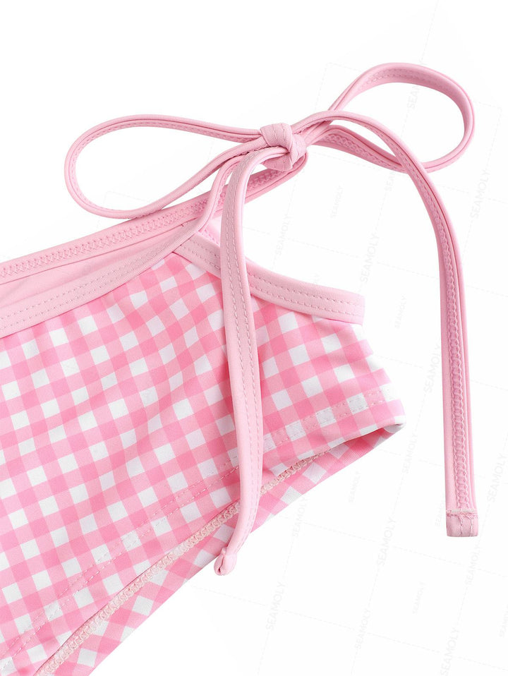 Seamolly Gingham Halter Cutout Tied Side Cheeky Boyshorts Tankini Set