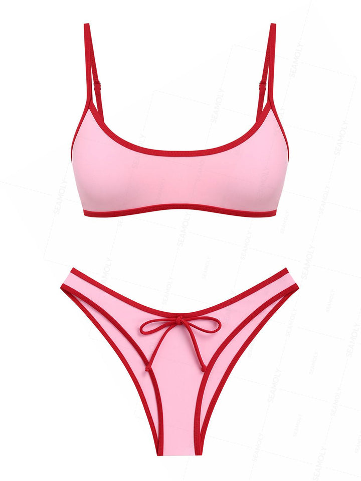 Seamolly Contrast Binding Bowknot Tank Style Cheeky Bikini Set