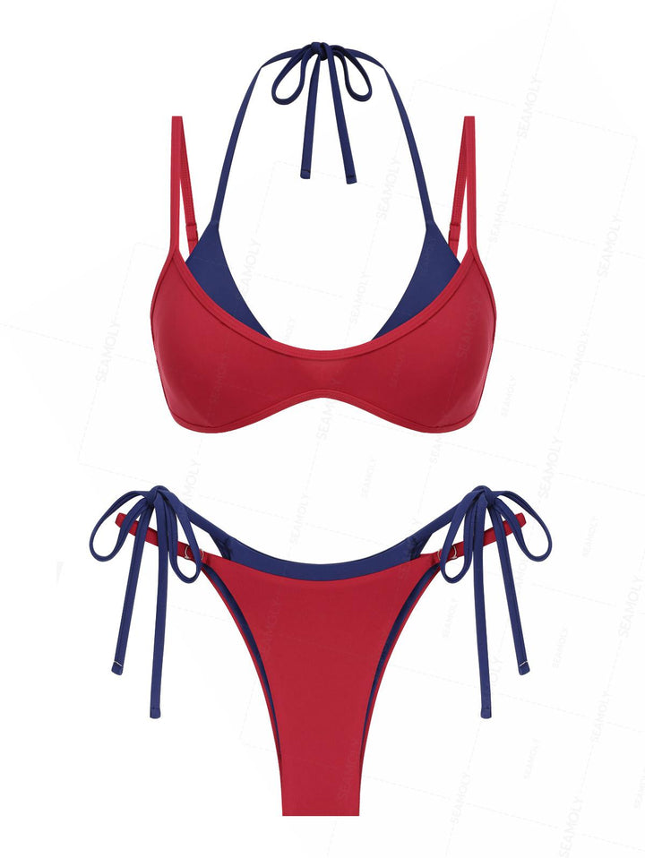Seamolly Colorblock Two Tone Tie Side Double Layer Bikini Set