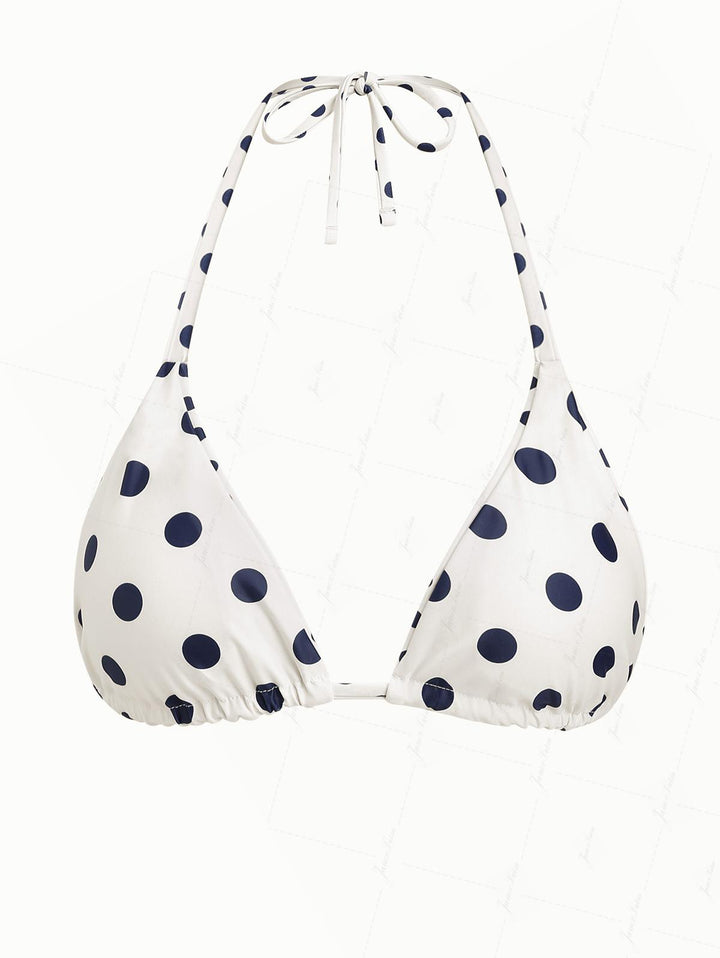 Janexswim Crystal Cream Vintage Polka Dot Print Reversible Halter Triangle Bikini Top