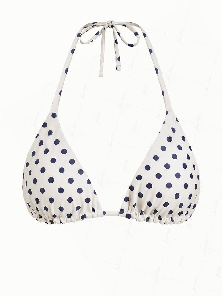 Janexswim Crystal Cream Vintage Polka Dot Print Reversible Halter Triangle Bikini Top