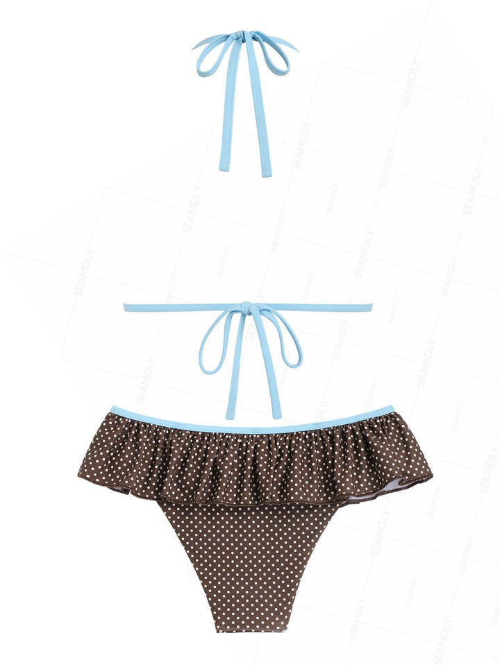 Seamolly Polka Dot Print Contrast Binding Peplum Skirtini Bikini Set