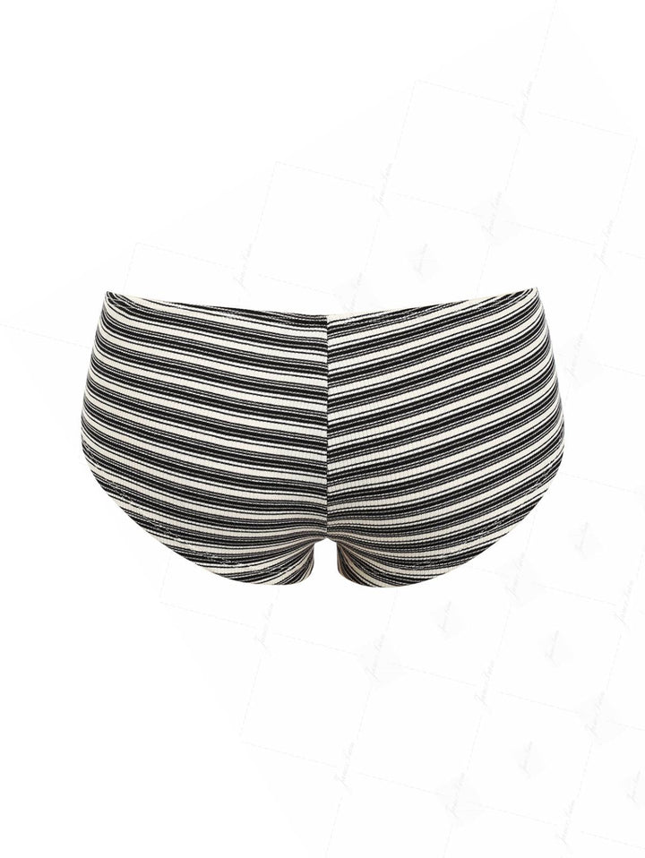 Black Knit Striped Ribbed Grommet Lace Up Bikini Bottom Cheeky Swim Boyshorts