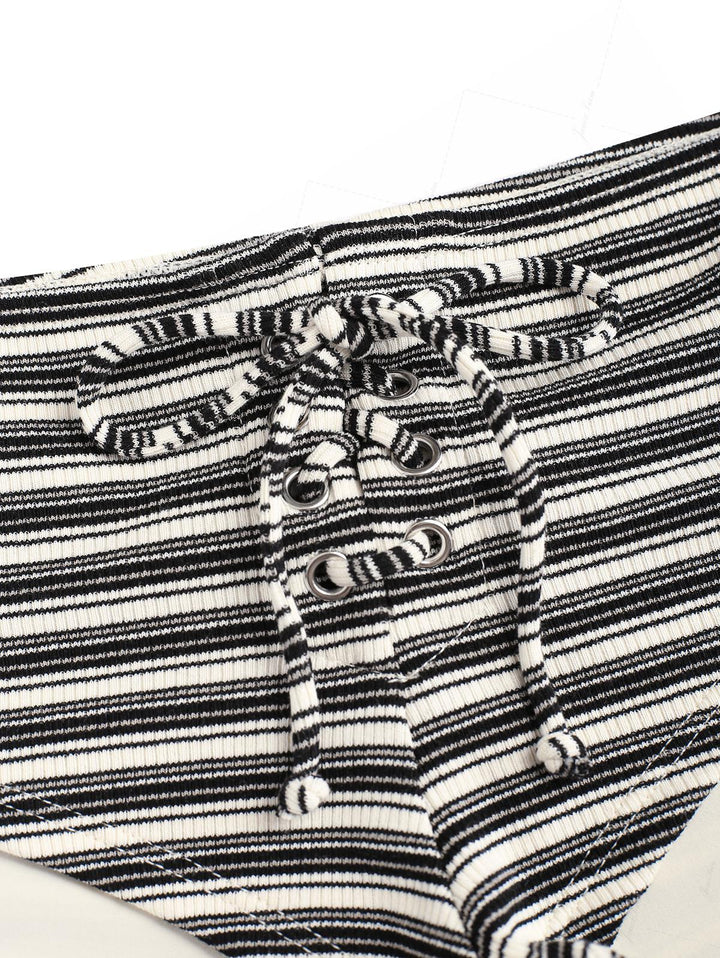 Black Knit Striped Ribbed Grommet Lace Up Bikini Bottom Cheeky Swim Boyshorts