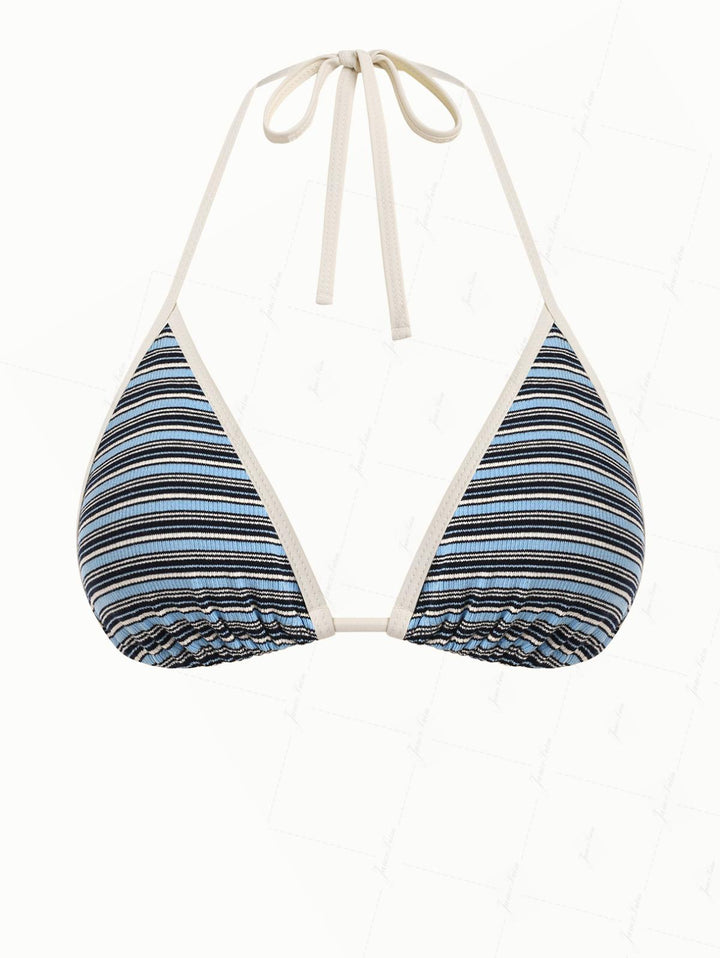 Vintage Blue Knit Striped Ribbed Contrast Binding Halter Triangle Bikini Top