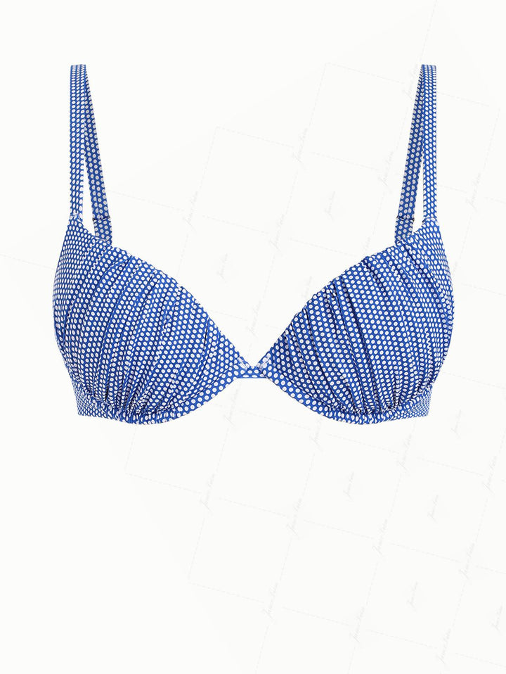 Blue Polka Dot Print Ruched Underwire Push Up Bikini Top