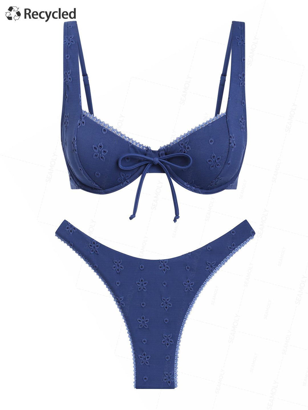 Seamolly Recycled Fabric Eyelet Jacquard Underwire High Leg Bikini Set Navy Blue / S Swimsuits Swimwear Bathing Suits Seamolly Recycled Fabric Eyelet Jacquard Underwire High Leg Bikini Set Navy Blue / S Swimsuits Swimwear Bathing Suits
