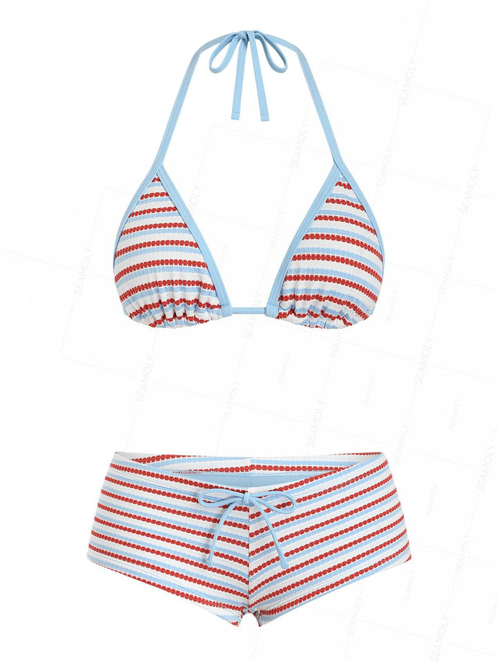 Seamolly Striped Contrast Binding Cheeky Boyshorts Bikini Set