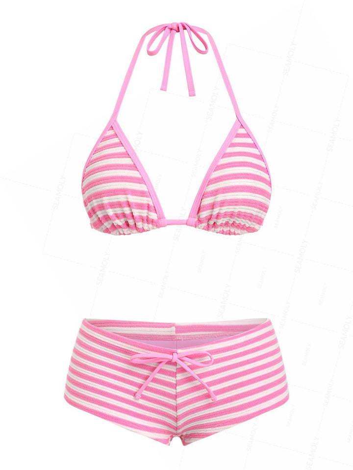 Seamolly Toweling Terry Cloth Striped Contrast Binding Cheeky Boyshorts Bikini Set
