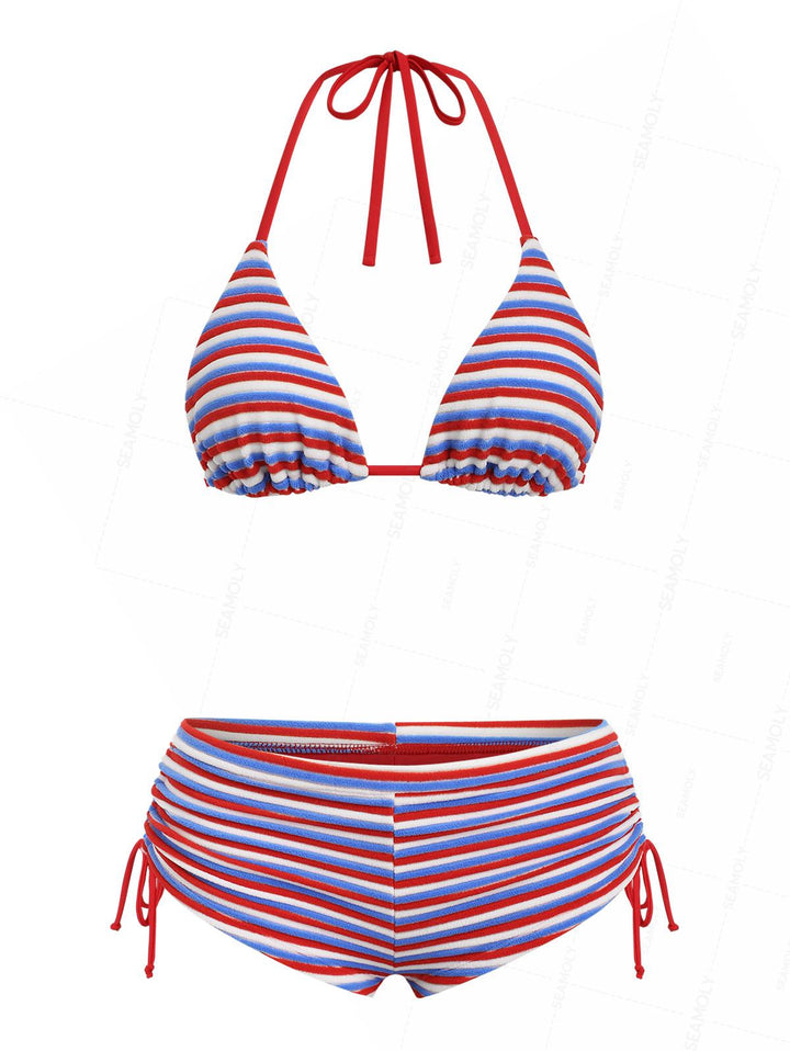 Seamolly Toweling Terry Cloth Striped Cinched Cheeky Boyshorts Bikini Set