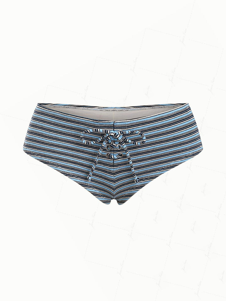 Vintage Blue Knit Striped Ribbed Grommet Lace Up Bikini Bottom Cheeky Swim Boyshorts