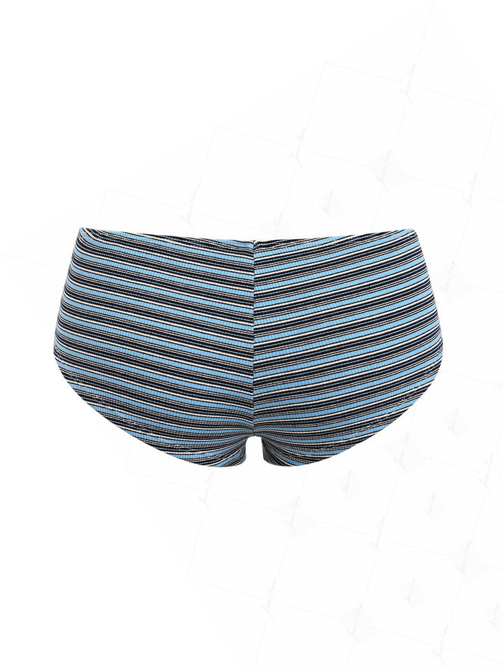 Vintage Blue Knit Striped Ribbed Grommet Lace Up Bikini Bottom Cheeky Swim Boyshorts