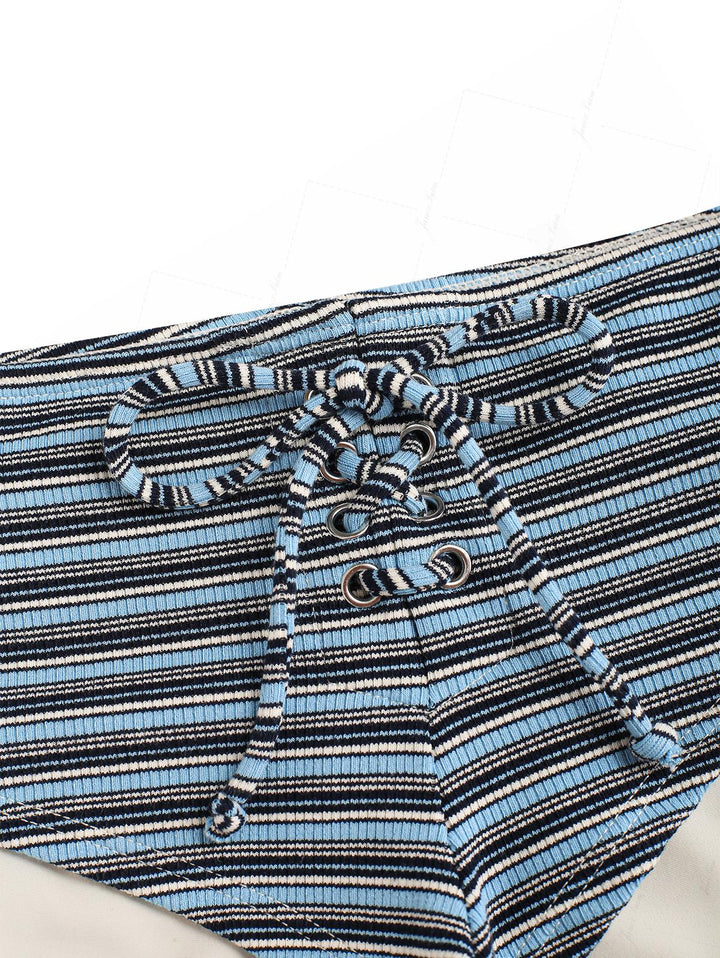 Vintage Blue Knit Striped Ribbed Grommet Lace Up Bikini Bottom Cheeky Swim Boyshorts