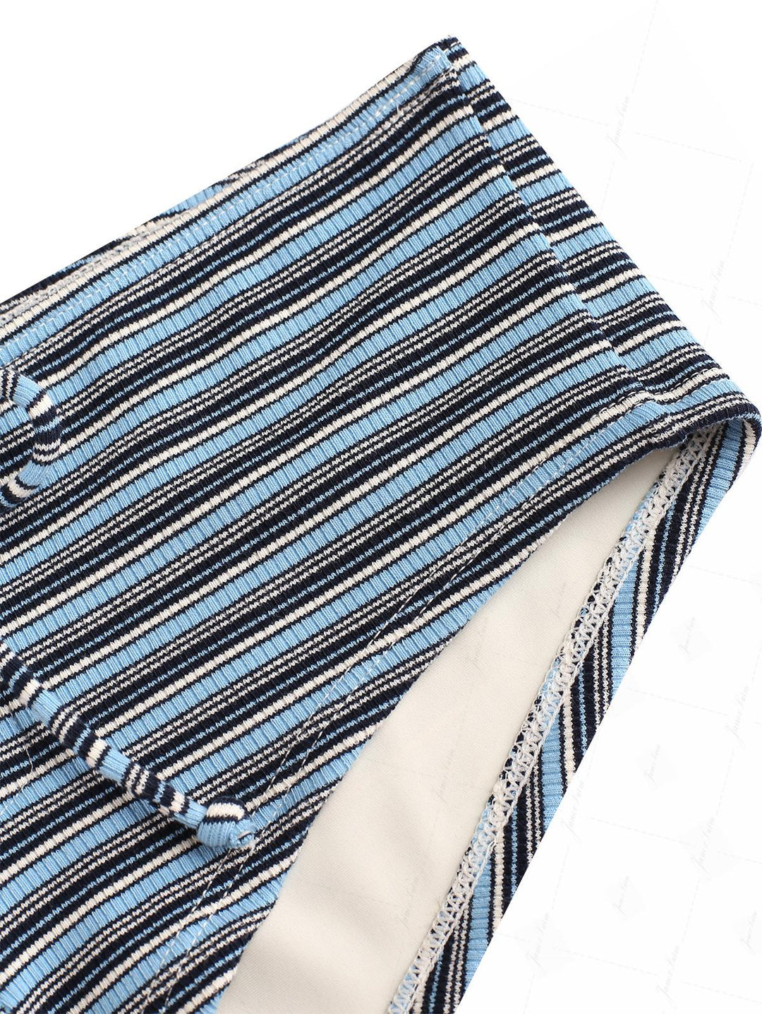 Vintage Blue Knit Striped Ribbed Grommet Lace Up Bikini Bottom Cheeky Swim Boyshorts