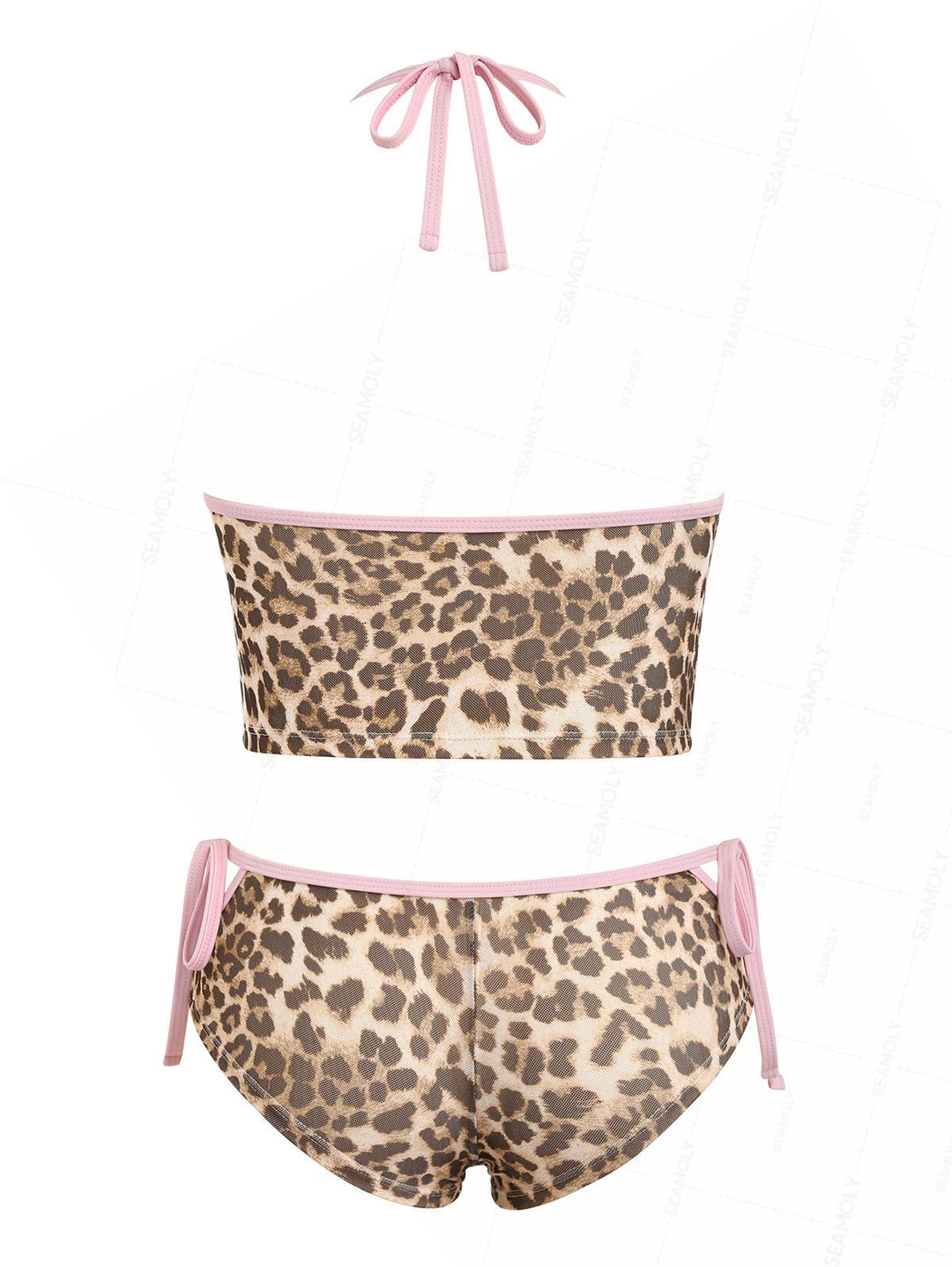 Seamolly Leopard Print Halter Cutout Tied Side Cheeky Boyshorts Tankini Set