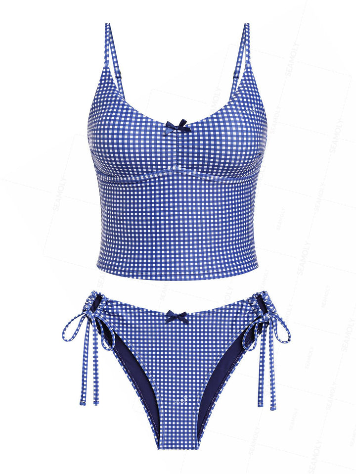 Seamolly Gingham Ruched Bowknot Cinched Tie Side Tankini Set