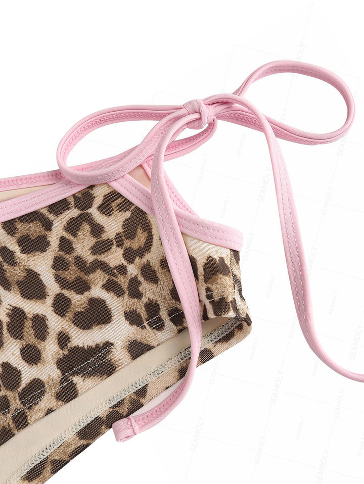 Seamolly Leopard Print Halter Cutout Tied Side Cheeky Boyshorts Tankini Set