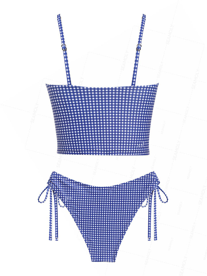 Seamolly Gingham Ruched Bowknot Cinched Tie Side Tankini Set