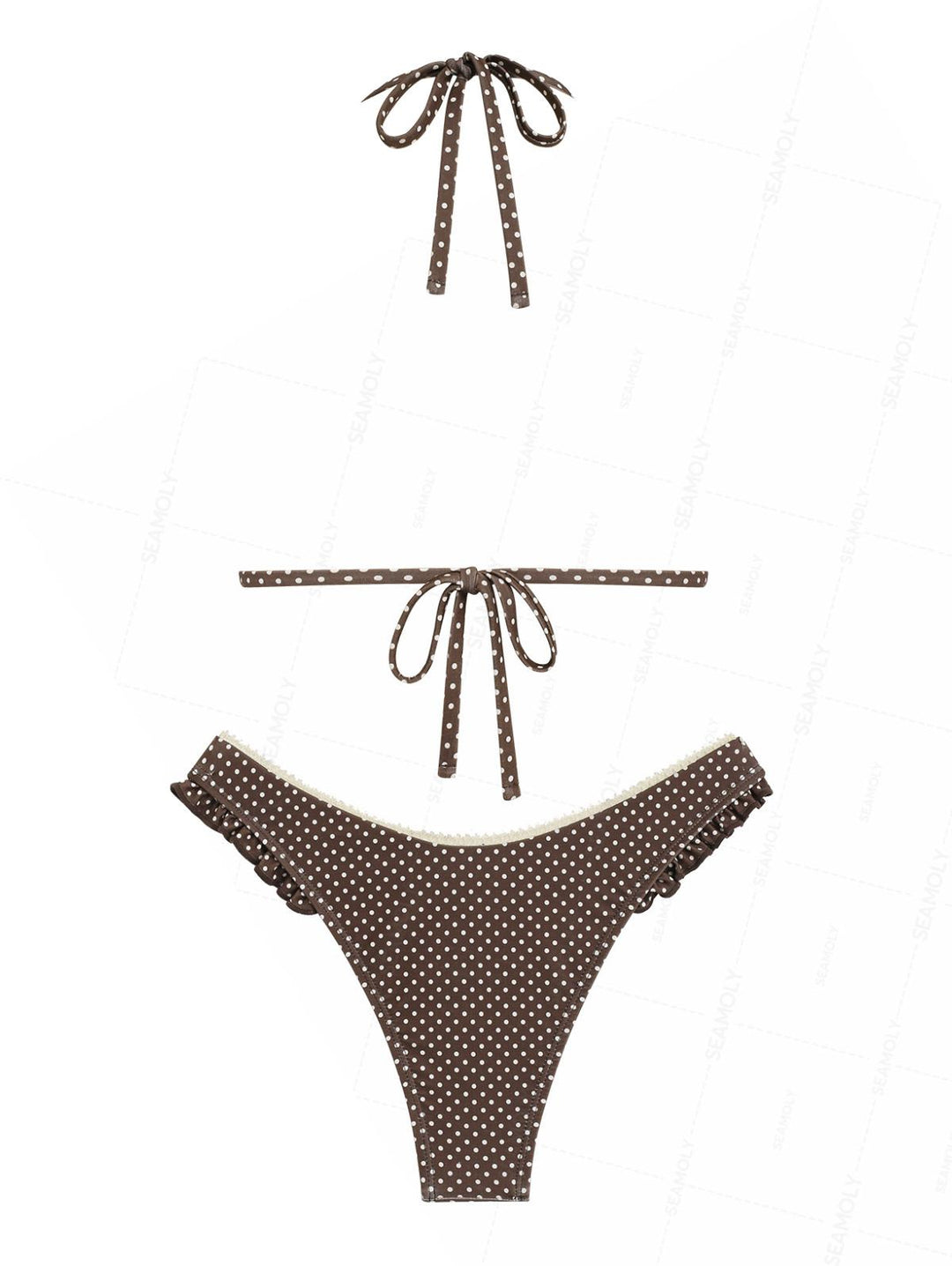 Seamolly Polka Dot Lace Bowknot Ruffles Trim Halter Triangle Bikini Set