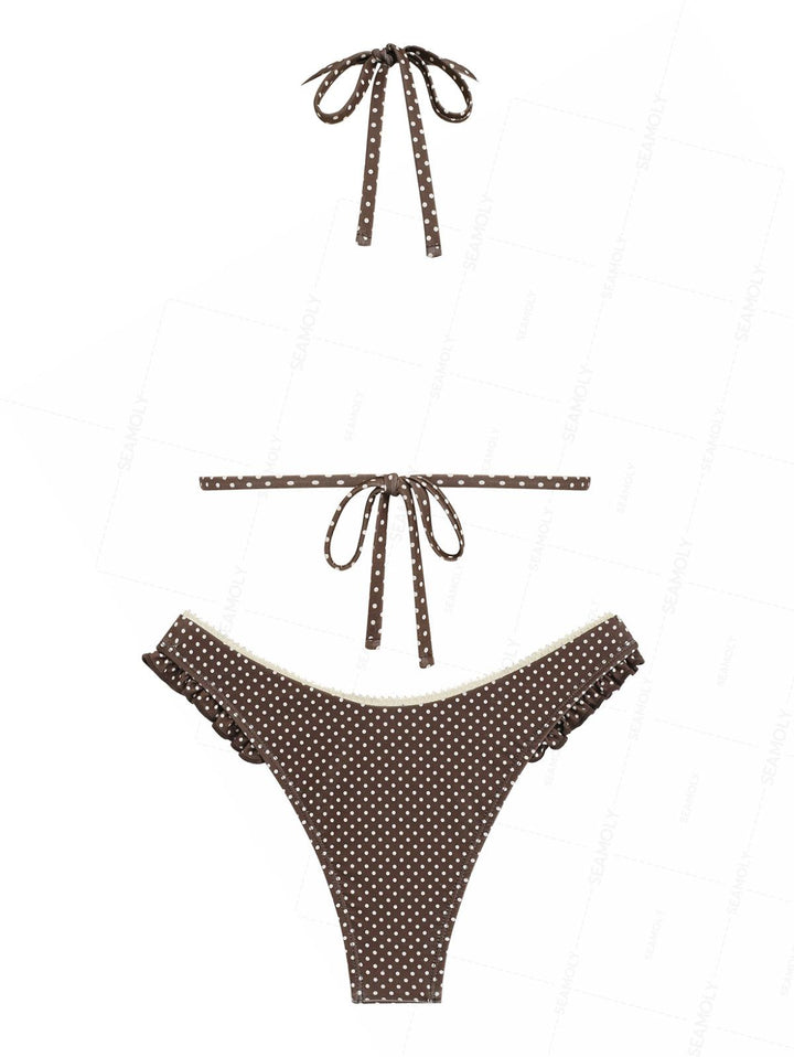 Seamolly Polka Dot Lace Bowknot Ruffles Trim Halter Triangle Bikini Set