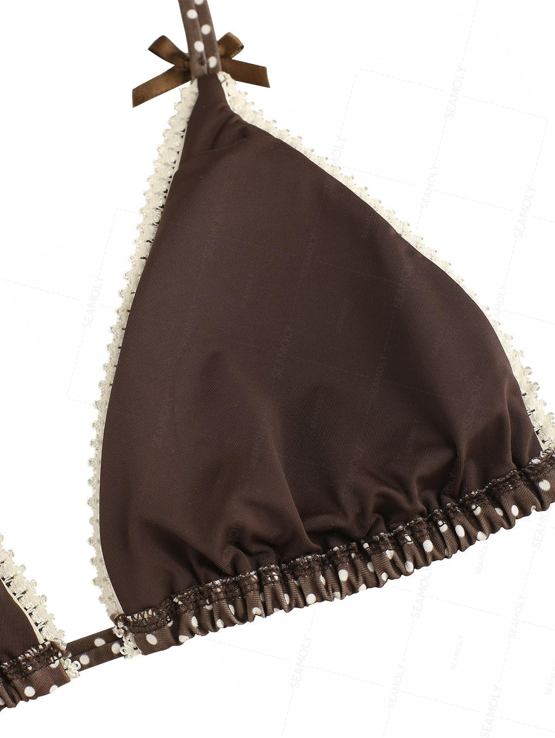 Seamolly Polka Dot Lace Bowknot Ruffles Trim Halter Triangle Bikini Set