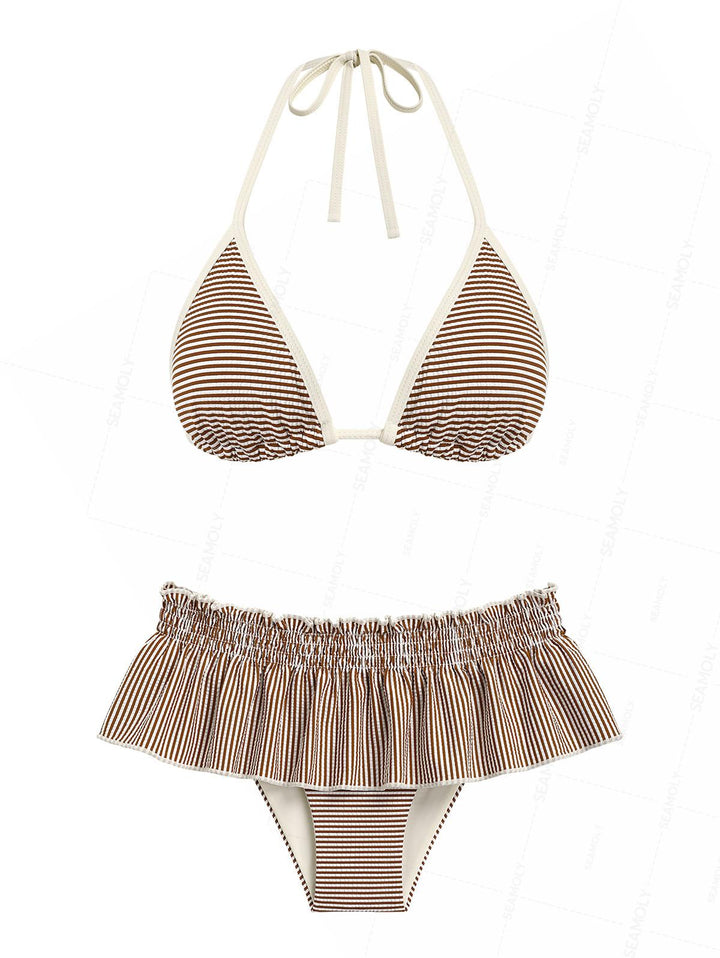 Seamolly Striped Contrast Binding Smocked Peplum Skirtini Bikini Set