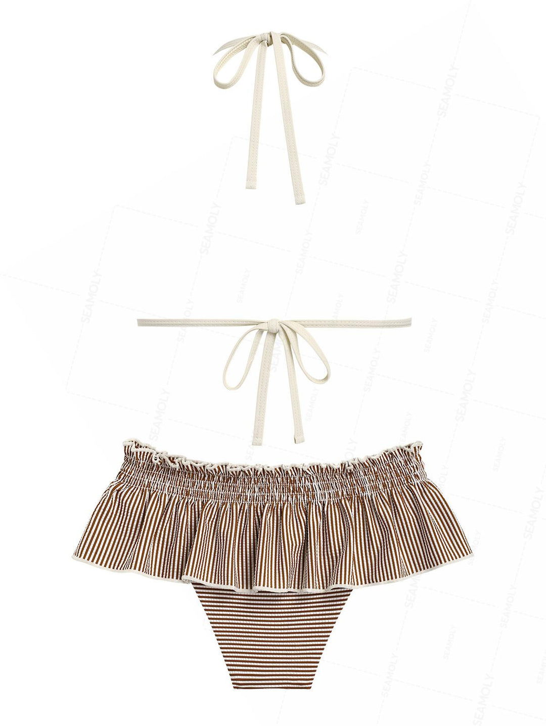 Seamolly Striped Contrast Binding Smocked Peplum Skirtini Bikini Set