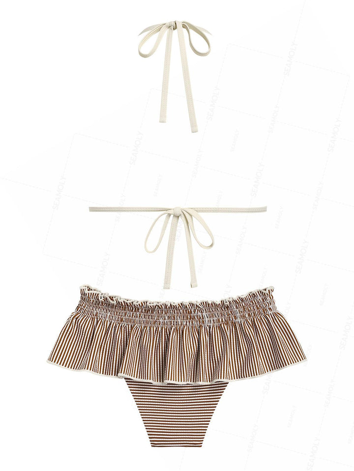 Seamolly Striped Contrast Binding Smocked Peplum Skirtini Bikini Set