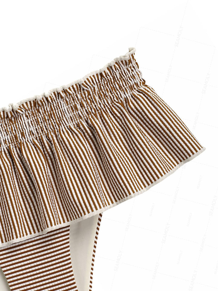 Seamolly Striped Contrast Binding Smocked Peplum Skirtini Bikini Set