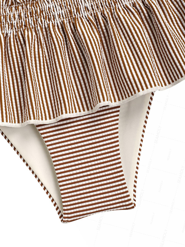 Seamolly Striped Contrast Binding Smocked Peplum Skirtini Bikini Set