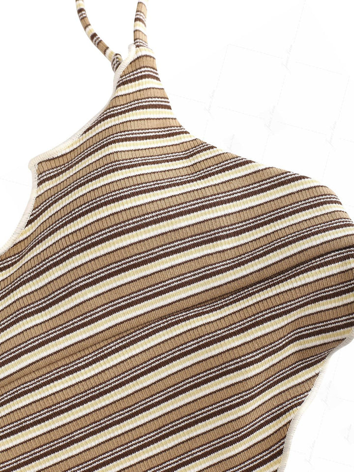 Brown Ribbed Knit Striped Hanky Hem Cheeky Boyshorts Tankini Set