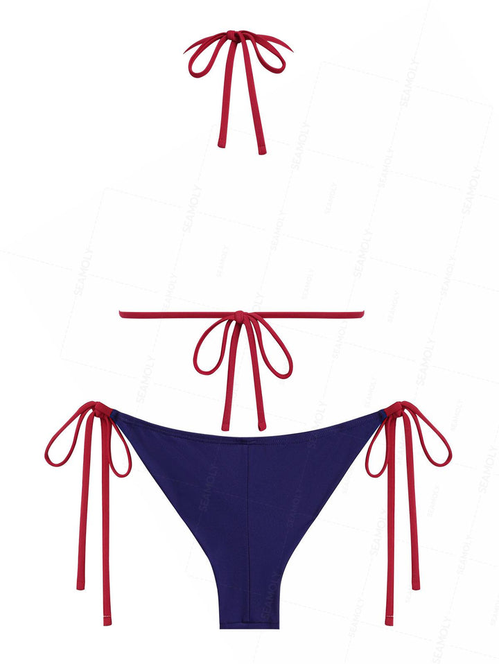 Seamolly Contrast Lace Bowknot Triangle Top & Brazilian Bottom Bikini Set