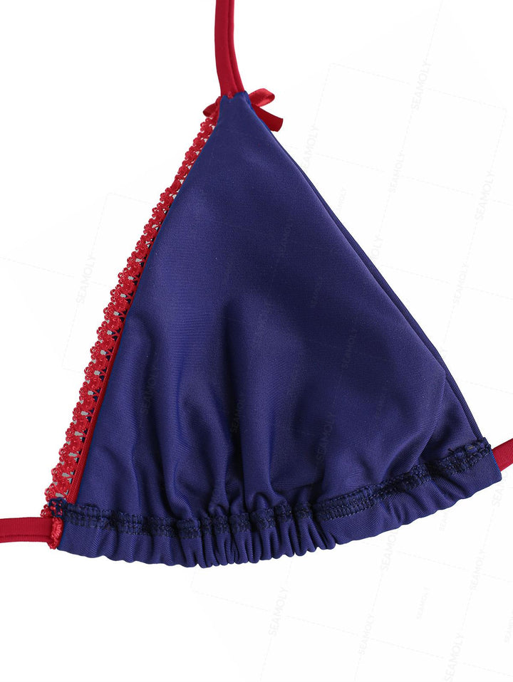 Seamolly Contrast Lace Bowknot Triangle Top & Brazilian Bottom Bikini Set