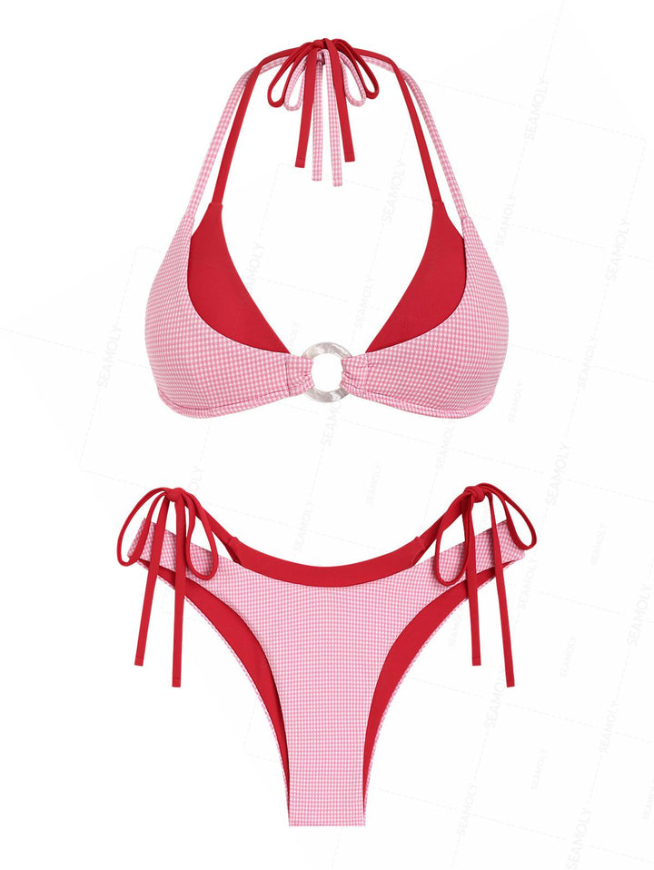 Seamolly Gingham Contrast Color O Ring Double Layer Bikini Set
