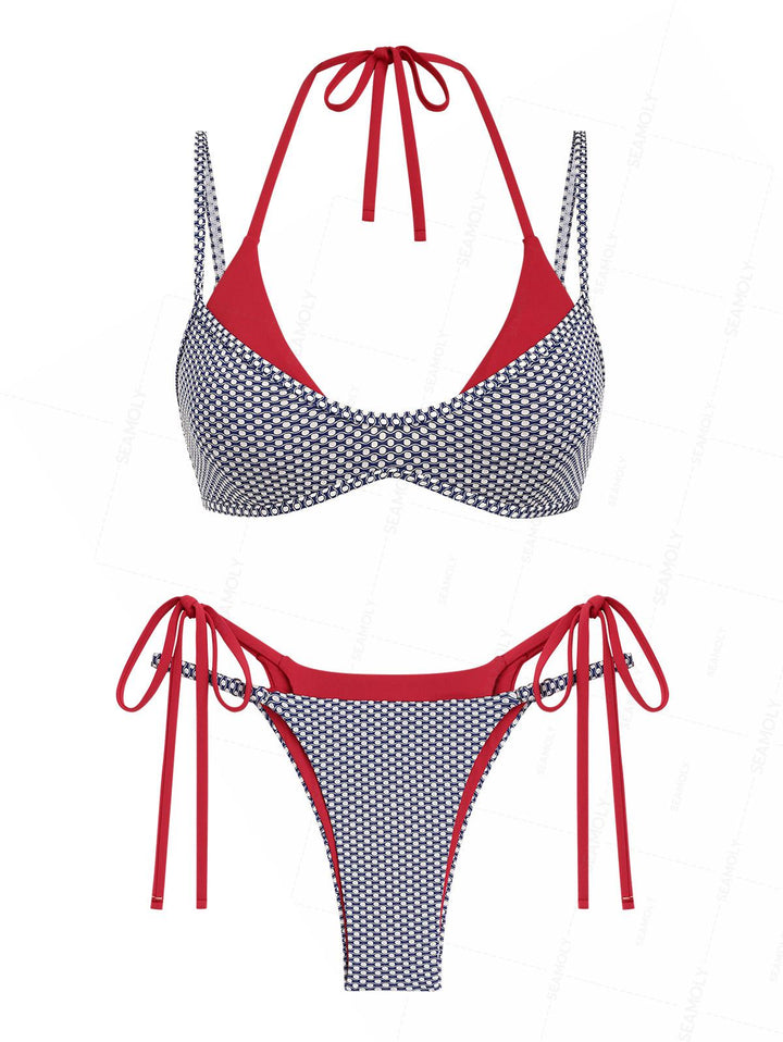 Seamolly Contrast Color Polka Dot Print String Double Layer Bikini Set