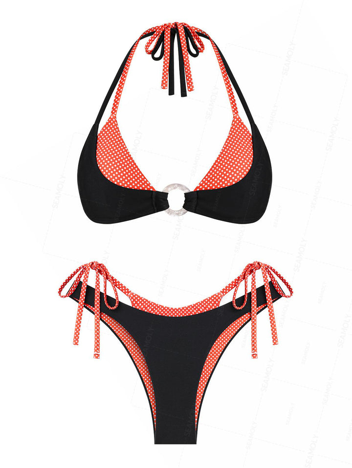 Seamolly Contrast Color Polka Dot Print O Ring Double Layer Bikini Set