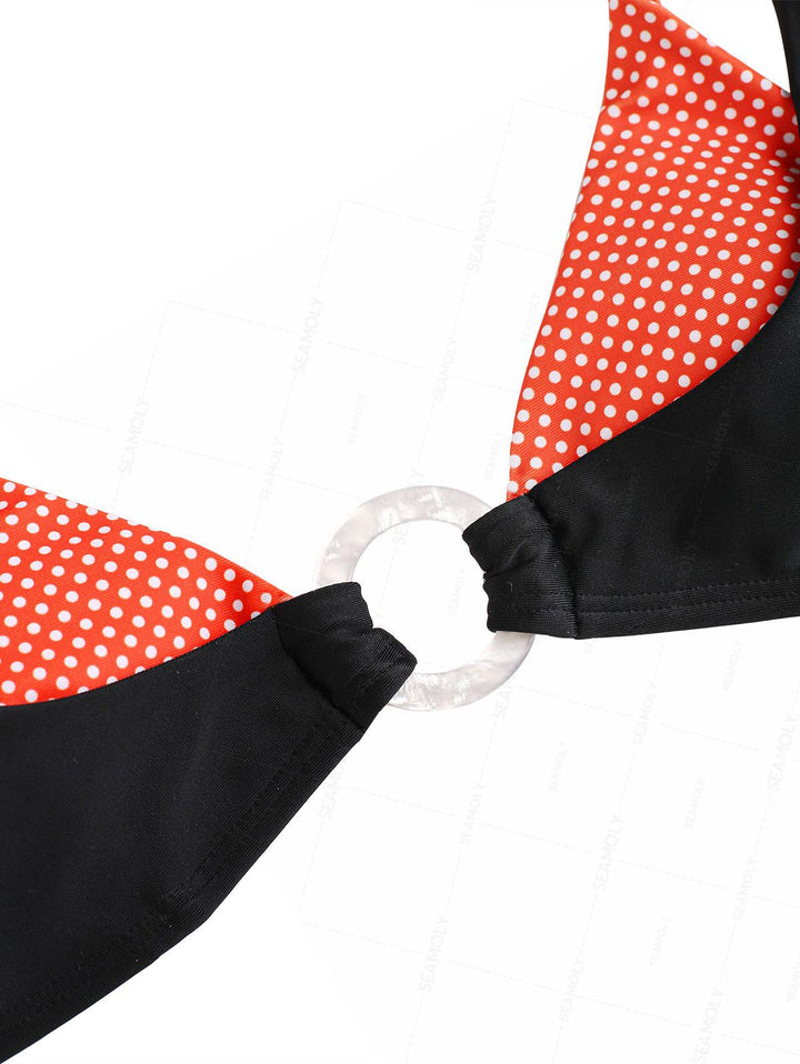 Seamolly Contrast Color Polka Dot Print O Ring Double Layer Bikini Set