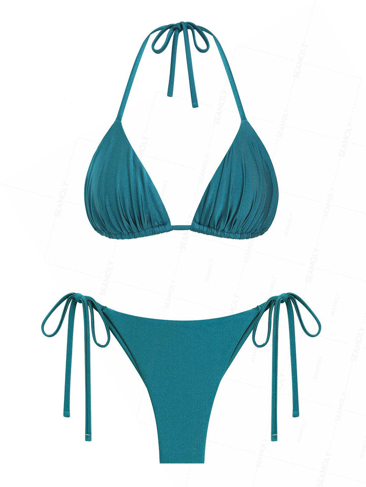 Seamolly Solid Color Ruched Halter Triangle Top & Brazilian Bottom Bikini Set