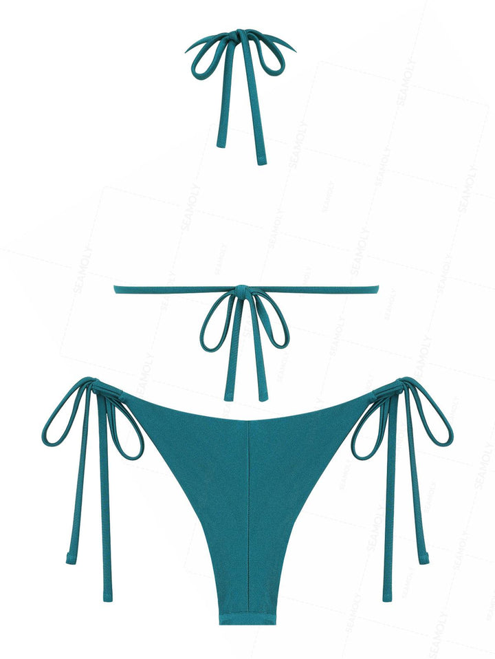 Seamolly Solid Color Ruched Halter Triangle Top & Brazilian Bottom Bikini Set