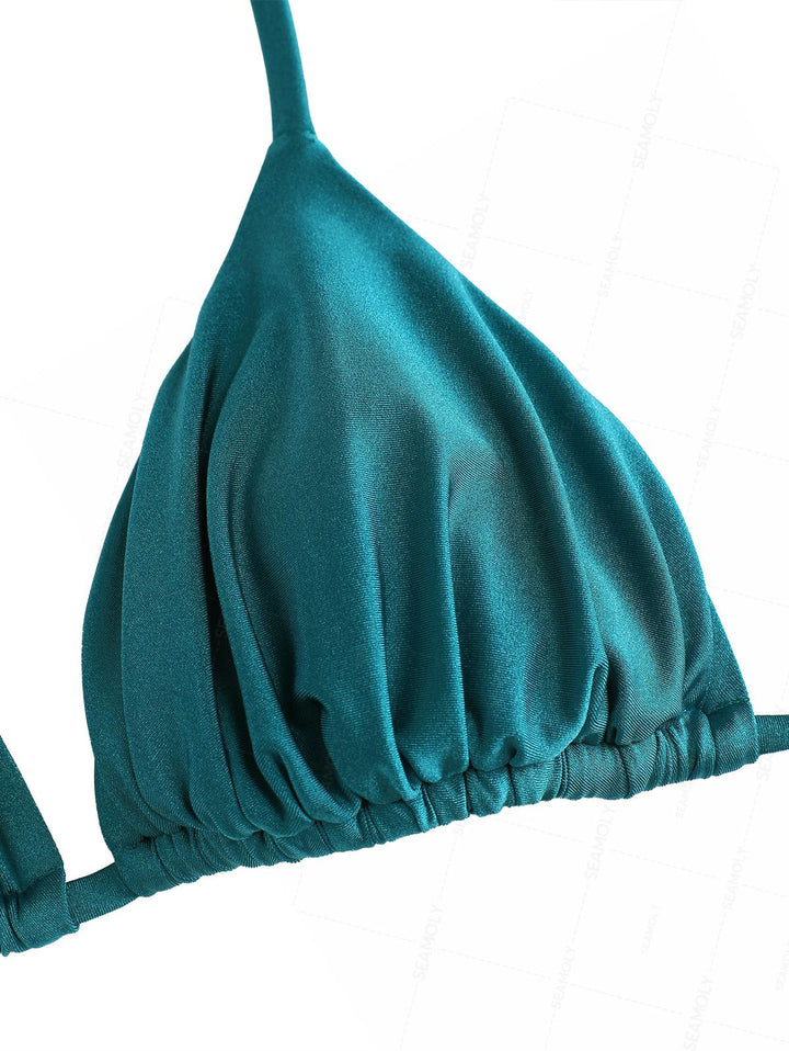 Seamolly Solid Color Ruched Halter Triangle Top & Brazilian Bottom Bikini Set