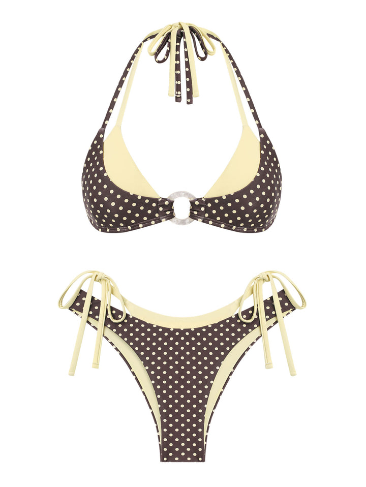 Seamolly Contrast Color Polka Dot Print O Ring Double Layer Bikini Set