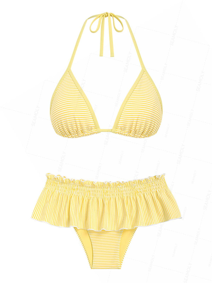 Seamolly Striped Contrast Binding Smocked Peplum Skirtini Bikini Set