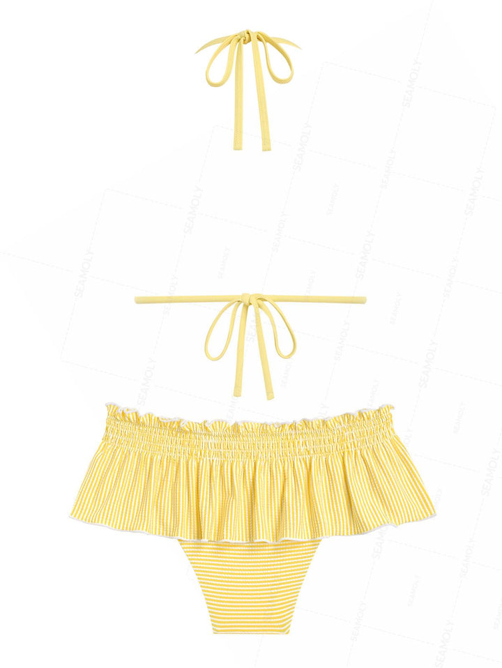Seamolly Striped Contrast Binding Smocked Peplum Skirtini Bikini Set