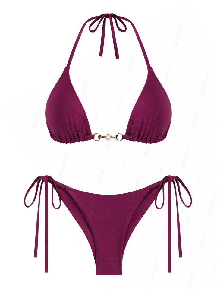 Seamolly Faux Pearl Decor Halter Triangle Top & Brazilian Bottom Bikini Set