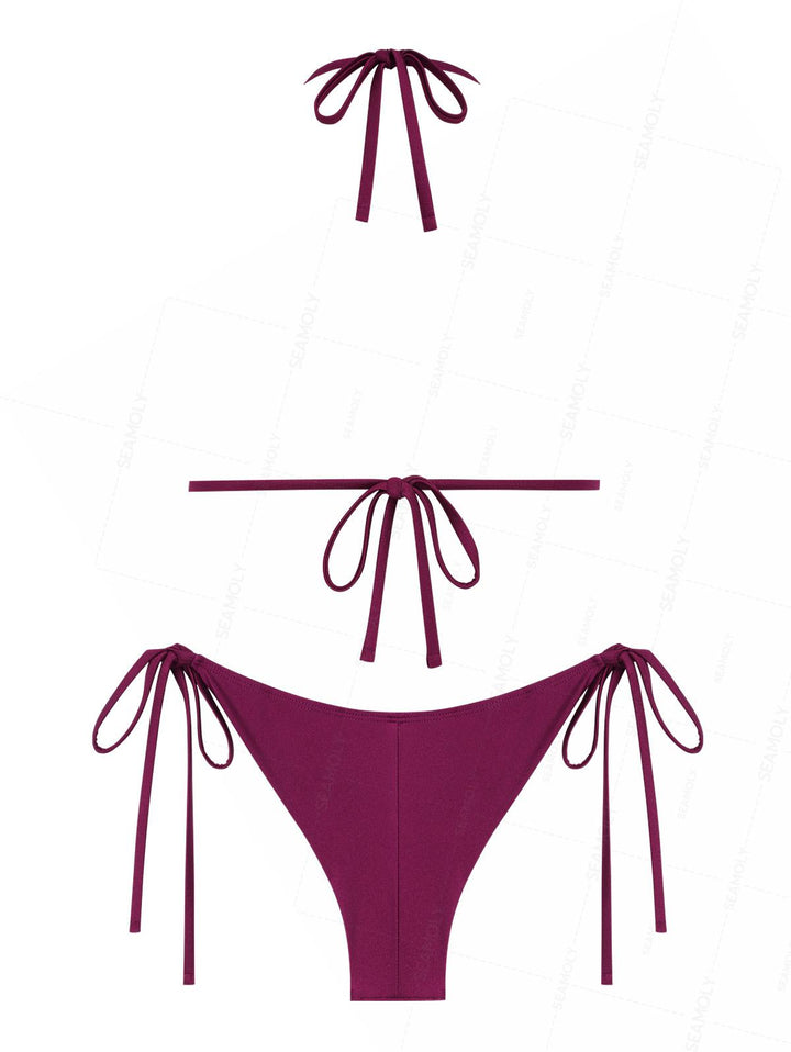 Seamolly Faux Pearl Decor Halter Triangle Top & Brazilian Bottom Bikini Set