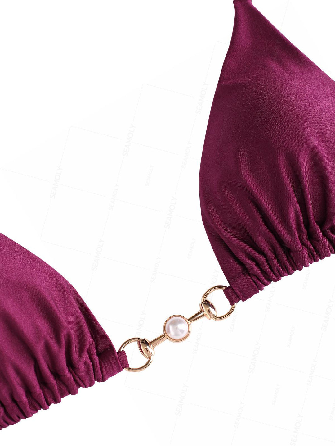 Seamolly Faux Pearl Decor Halter Triangle Top & Brazilian Bottom Bikini Set