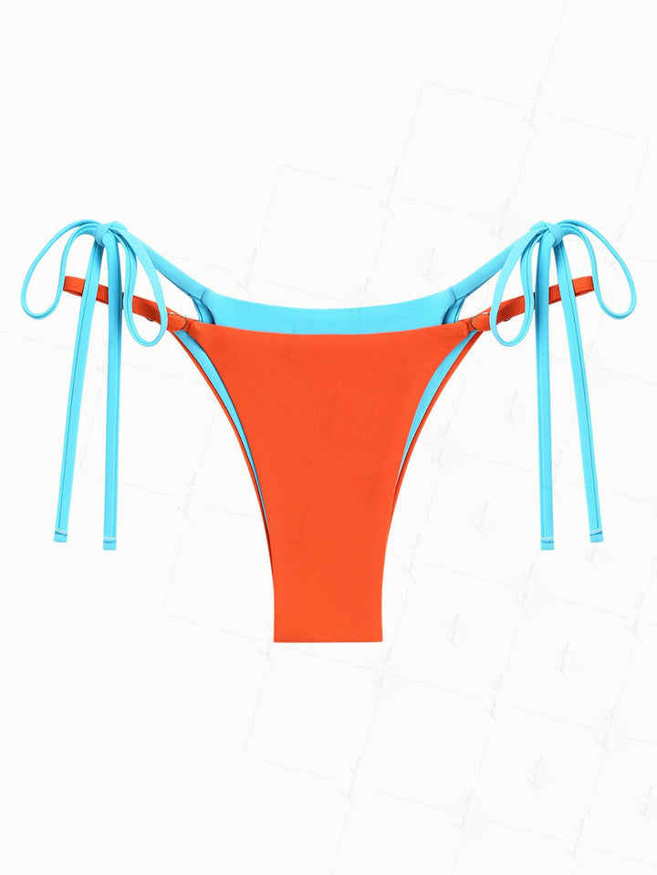 Orange Colorblock Two Tone Tie Side Double Layer Bikini Bottom