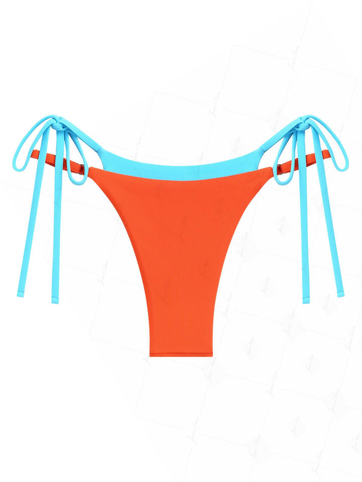 Orange Colorblock Two Tone Tie Side Double Layer Bikini Bottom