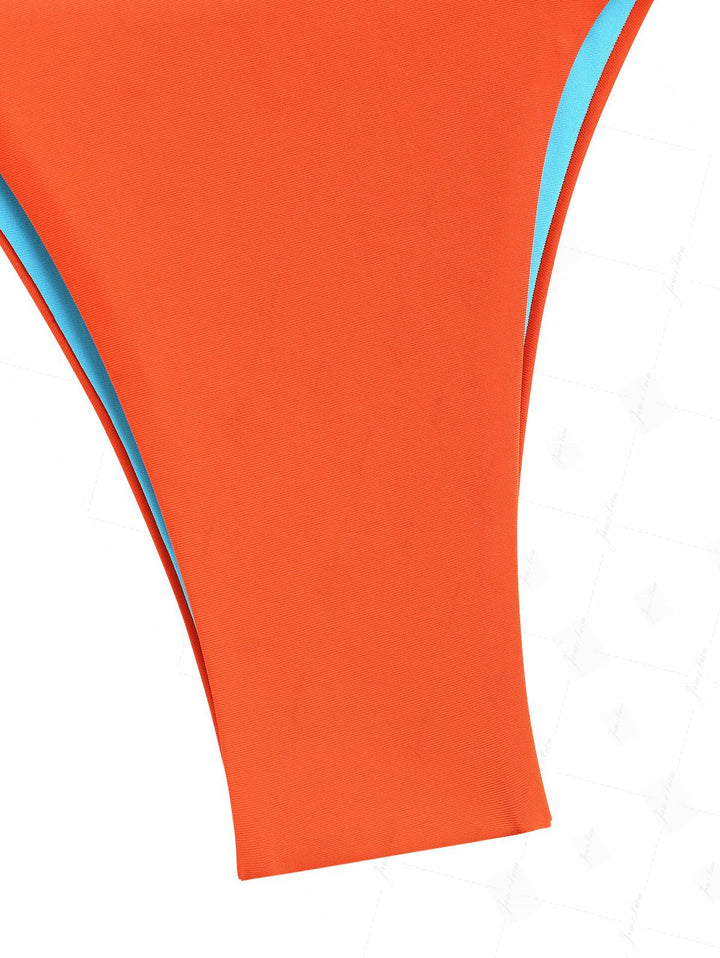 Orange Colorblock Two Tone Tie Side Double Layer Bikini Bottom