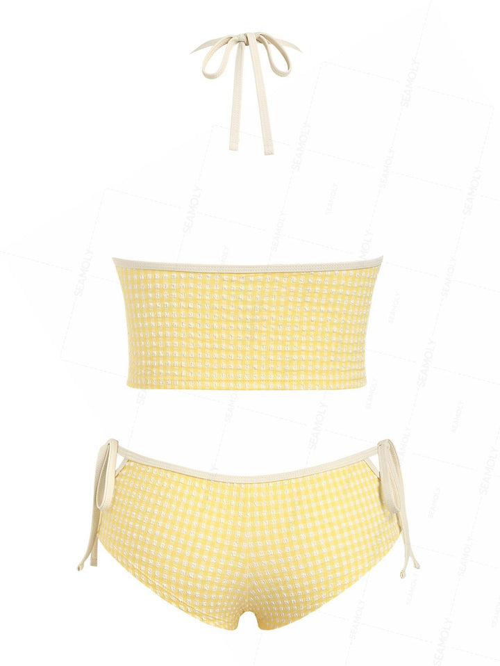 Seamolly Gingham Halter Cutout Tied Side Cheeky Boyshorts Tankini Set